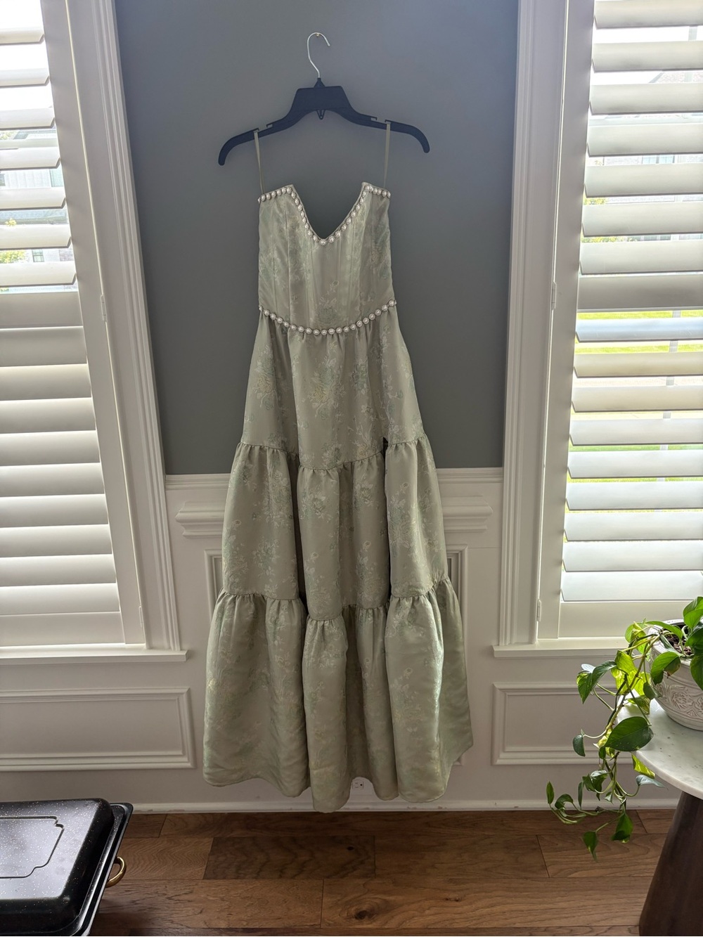 V. Chapman Light Sage Green Tiered Maxi Dress with Pearl Trim